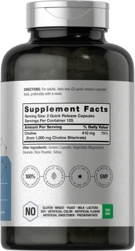 Suplemento de Colina Bitartrato Horbaach | 1000mg | 250 Cápsulas | Alta Potencia | Sin OGM, Libre de Gluten - imagen 2