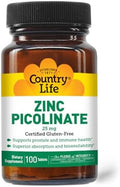 Country Life Zinc Picolinate 25 mg - Suplemento de Zinc de Alta Absorción para Inmunidad, Salud Prostática y Bienestar Celular - 100 Tabletas Veganas - imagen 1