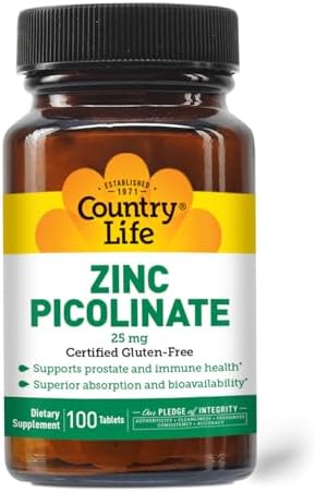 Country Life Zinc Picolinate 25 mg - Suplemento de Zinc de Alta Absorción para Inmunidad, Salud Prostática y Bienestar Celular - 100 Tabletas Veganas - imagen 1