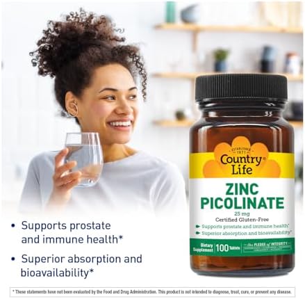 Country Life Zinc Picolinate 25 mg - Suplemento de Zinc de Alta Absorción para Inmunidad, Salud Prostática y Bienestar Celular - 100 Tabletas Veganas - imagen 2