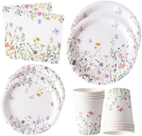 Platos y Servilletas de Papel Silvestre 96PCS, Desechables con Flores para Bautizo, Fiesta en el Jardín, Boda, Día de las Madres, Fiesta de - imagen 1