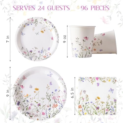 Platos y Servilletas de Papel Silvestre 96PCS, Desechables con Flores para Bautizo, Fiesta en el Jardín, Boda, Día de las Madres, Fiesta de - imagen 2