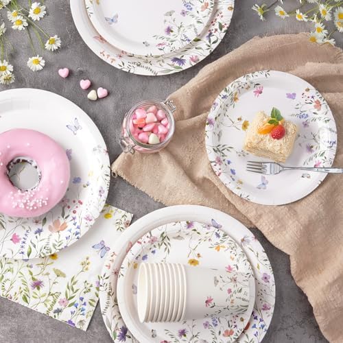 Platos y Servilletas de Papel Silvestre 96PCS, Desechables con Flores para Bautizo, Fiesta en el Jardín, Boda, Día de las Madres, Fiesta de - imagen 3