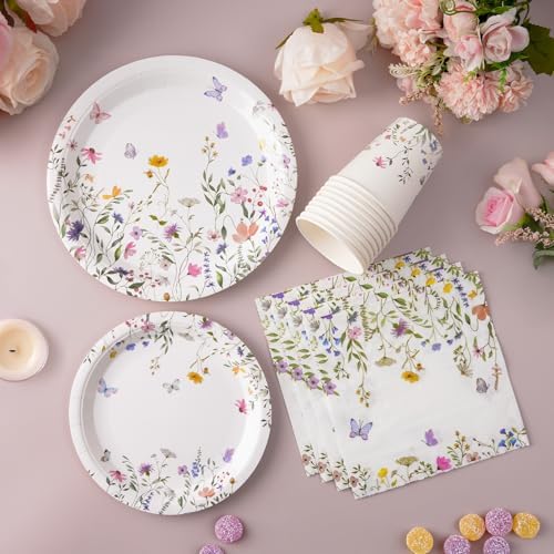 Platos y Servilletas de Papel Silvestre 96PCS, Desechables con Flores para Bautizo, Fiesta en el Jardín, Boda, Día de las Madres, Fiesta de - imagen 4