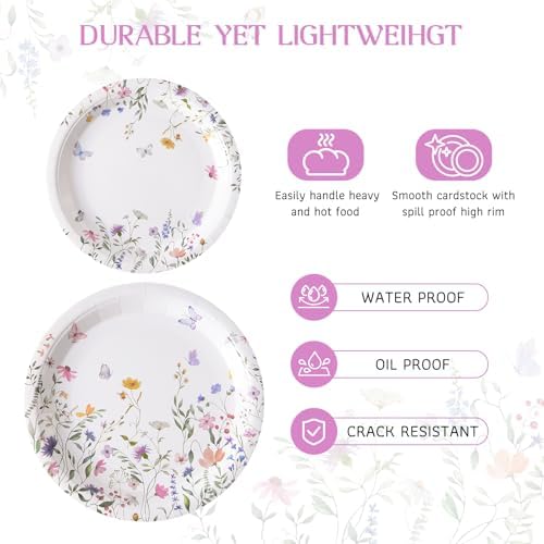 Platos y Servilletas de Papel Silvestre 96PCS, Desechables con Flores para Bautizo, Fiesta en el Jardín, Boda, Día de las Madres, Fiesta de - imagen 5