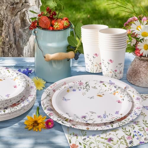 Platos y Servilletas de Papel Silvestre 96PCS, Desechables con Flores para Bautizo, Fiesta en el Jardín, Boda, Día de las Madres, Fiesta de - imagen 7