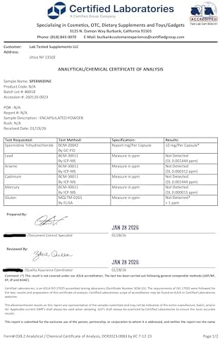 Suplementos Probados en Laboratorio - Suplemento de Spermidina 3HCL - 120 Cápsulas de 10mg - Certificados de Análisis de Terceros por Cada Lote - - imagen 5