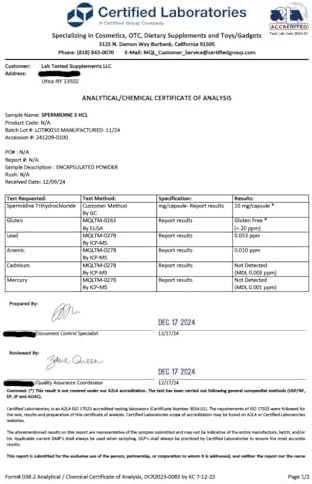 Suplementos Probados en Laboratorio - Suplemento de Spermidina 3HCL - 120 Cápsulas de 10mg - Certificados de Análisis de Terceros por Cada Lote - - imagen 6