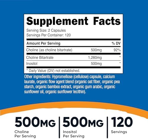 Suplemento de Colina e Inositol Nutricost (1,000mg) 240 Cápsulas - 500mg de Colina, 500mg de Inositol, Sin OGM, Sin Gluten, 120 Porciones - imagen 2