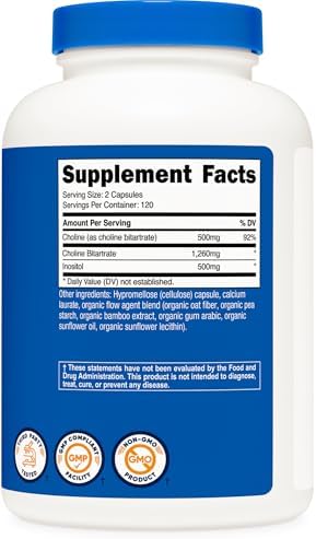 Suplemento de Colina e Inositol Nutricost (1,000mg) 240 Cápsulas - 500mg de Colina, 500mg de Inositol, Sin OGM, Sin Gluten, 120 Porciones - imagen 5