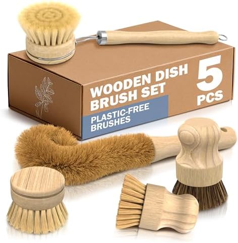 Set de 5 Cepillos de Bambú para Platos – Cepillo de Cocina con Cerdas Suaves y Firmes, Mango Ergonómico, Cabezal de Repuesto Incluido – Ligero para - imagen 1