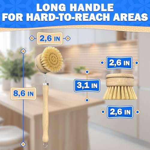 Set de 5 Cepillos de Bambú para Platos – Cepillo de Cocina con Cerdas Suaves y Firmes, Mango Ergonómico, Cabezal de Repuesto Incluido – Ligero para - imagen 4