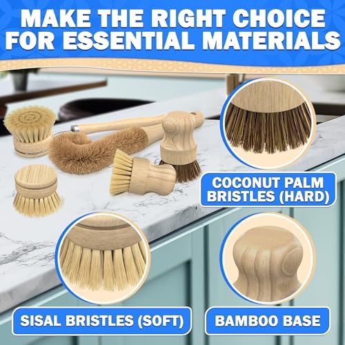 Set de 5 Cepillos de Bambú para Platos – Cepillo de Cocina con Cerdas Suaves y Firmes, Mango Ergonómico, Cabezal de Repuesto Incluido – Ligero para - imagen 5