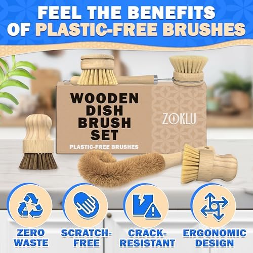 Set de 5 Cepillos de Bambú para Platos – Cepillo de Cocina con Cerdas Suaves y Firmes, Mango Ergonómico, Cabezal de Repuesto Incluido – Ligero para - imagen 6