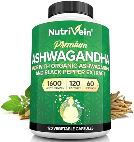 Nutrivein Ashwagandha para Hombres y Mujeres - 1600mg - Mejorado con Pimienta Negra - Suplemento de Raíz de Ashwagandha de Alta Absorción para - imagen 1
