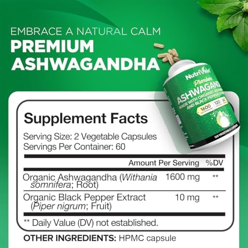Nutrivein Ashwagandha para Hombres y Mujeres - 1600mg - Mejorado con Pimienta Negra - Suplemento de Raíz de Ashwagandha de Alta Absorción para - imagen 2