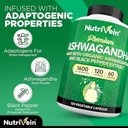 Nutrivein Ashwagandha para Hombres y Mujeres - 1600mg - Mejorado con Pimienta Negra - Suplemento de Raíz de Ashwagandha de Alta Absorción para - imagen 3