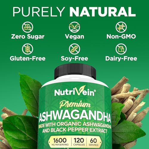 Nutrivein Ashwagandha para Hombres y Mujeres - 1600mg - Mejorado con Pimienta Negra - Suplemento de Raíz de Ashwagandha de Alta Absorción para - imagen 6