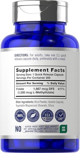Carlyle L Methylfolato 1000mcg | 200 Cápsulas | Tamaño Económico | Optimizado y Activado | Sin OGM, Libre de Gluten | Methyl Folate, 5-MTHF | por - imagen 2