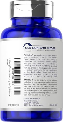 Carlyle L Methylfolato 1000mcg | 200 Cápsulas | Tamaño Económico | Optimizado y Activado | Sin OGM, Libre de Gluten | Methyl Folate, 5-MTHF | por - imagen 3