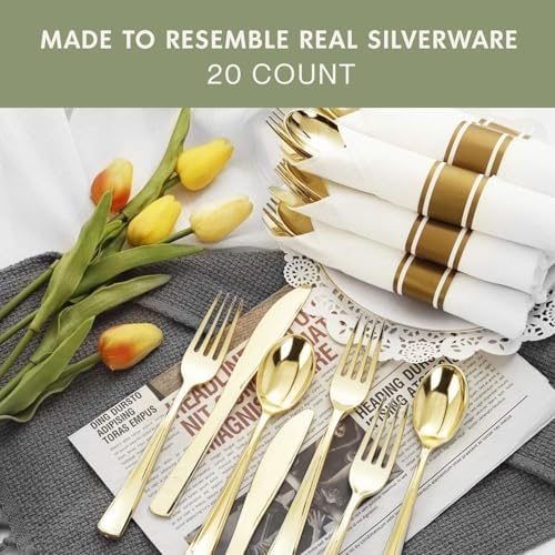 Sets de Cubiertos de Plástico Dorado Pre-enrollados; Rollos de Cuchara, Tenedor y Cuchillo, Paquete de 20 Sets Pre-enrollados - imagen 3