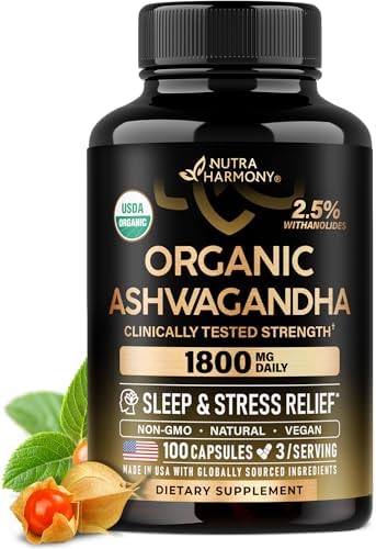 Suplementos de Ashwagandha 1800mg - Ashwagandha Orgánica USDA para Mujeres y Hombres - Efectividad Clínica para Alivio del Estrés y Sueño - Extracto - imagen 1