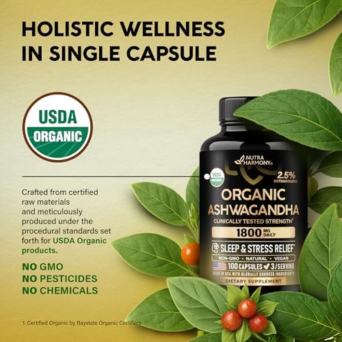 Suplementos de Ashwagandha 1800mg - Ashwagandha Orgánica USDA para Mujeres y Hombres - Efectividad Clínica para Alivio del Estrés y Sueño - Extracto - imagen 4