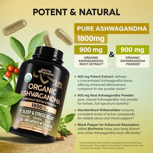 Suplementos de Ashwagandha 1800mg - Ashwagandha Orgánica USDA para Mujeres y Hombres - Efectividad Clínica para Alivio del Estrés y Sueño - Extracto - imagen 6