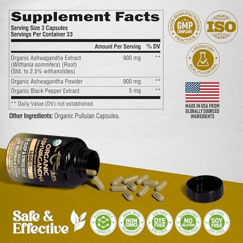 Suplementos de Ashwagandha 1800mg - Ashwagandha Orgánica USDA para Mujeres y Hombres - Efectividad Clínica para Alivio del Estrés y Sueño - Extracto - imagen 8