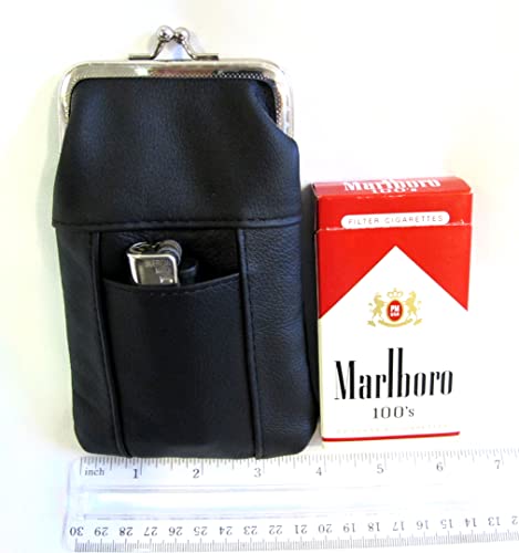 Estuche para Cigarrillos de Cuero 100% Genuino con Encendedor, Cierre de Metal, Diseño Delgado y Duradero - NEGRO - imagen 2