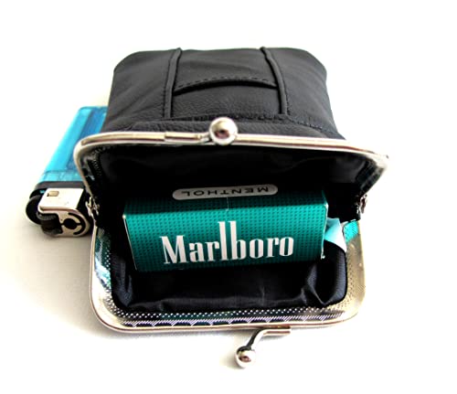 Estuche para Cigarrillos de Cuero 100% Genuino con Encendedor, Cierre de Metal, Diseño Delgado y Duradero - NEGRO - imagen 8