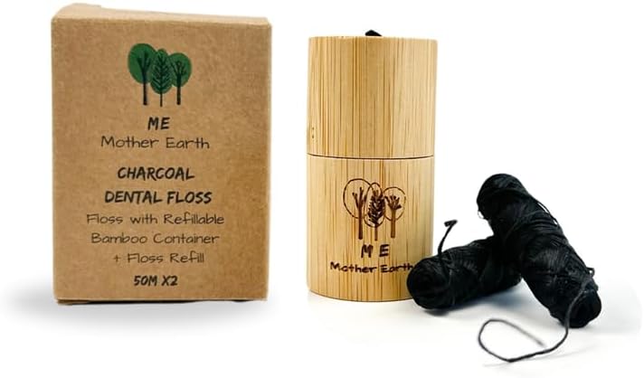Hilo dental vegano biodegradable de carbón de bambú con contenedor de bambú recargable | Incluye recarga | Cera natural de candelilla | 50M x2 | - imagen 1