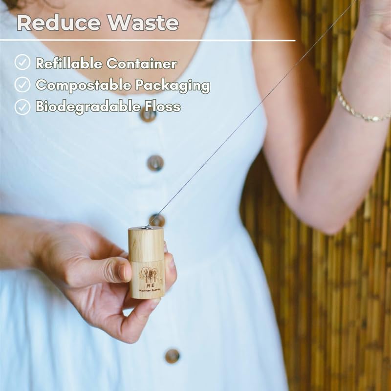 Hilo dental vegano biodegradable de carbón de bambú con contenedor de bambú recargable | Incluye recarga | Cera natural de candelilla | 50M x2 | - imagen 3