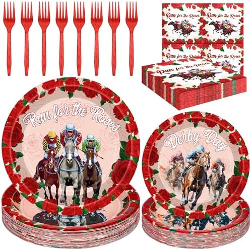 Juego de Platos y Servilletas Desechables QZYL de 96 Piezas para Fiesta Derby de Kentucky, Decoraciones para Fiesta de Caballos, Sirve 24 - imagen 1