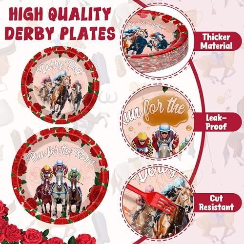 Juego de Platos y Servilletas Desechables QZYL de 96 Piezas para Fiesta Derby de Kentucky, Decoraciones para Fiesta de Caballos, Sirve 24 - imagen 3