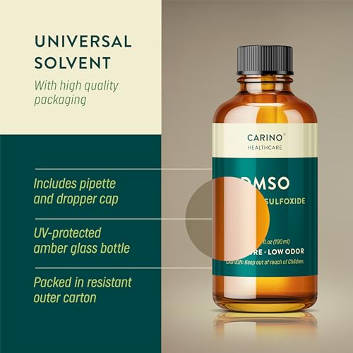 Carino HealthCare DMSO 99.9% Grado Farmacéutico - Dimetilsulfóxido Verificado FT-IR en Botella de Vidrio Ámbar con Pipeta y Tapón Dosificador 3.38 oz - imagen 2