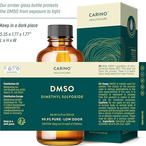 Carino HealthCare DMSO 99.9% Grado Farmacéutico - Dimetilsulfóxido Verificado FT-IR en Botella de Vidrio Ámbar con Pipeta y Tapón Dosificador 3.38 oz - imagen 6