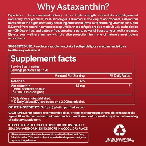 Axldrn Astaxantina 12mg, 120 Softgels, Suplemento Antioxidante Premium que Apoya la Salud Ocular, de la Piel, Inmunidad y Circulación Interna - imagen 5