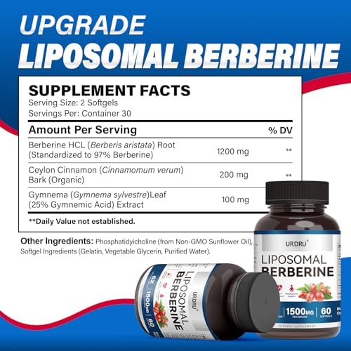 Suplemento Liposomal de Berberina URDRU 1500mg 3 en 1 - con Canela de Ceilán y Gymnema, Cápsulas de Berberina de Alta Biodisponibilidad para Hombres - imagen 5