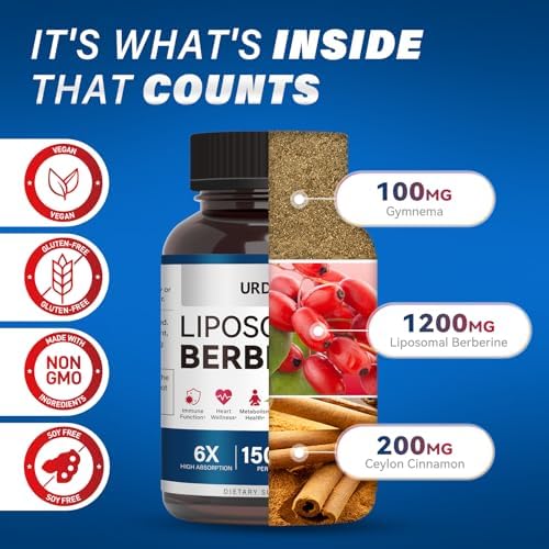 Suplemento Liposomal de Berberina URDRU 1500mg 3 en 1 - con Canela de Ceilán y Gymnema, Cápsulas de Berberina de Alta Biodisponibilidad para Hombres - imagen 6