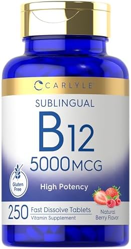 Carlyle B12 Vitamina 5000 mcg Sublingual | 250 Tabletas de Disolución Rápida | Alta Potencia | Sabor Natural a Baya | Vegetariano, No OGM y Sin Gluten - imagen 1