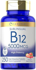 Carlyle B12 Vitamina 5000 mcg Sublingual | 250 Tabletas de Disolución Rápida | Alta Potencia | Sabor Natural a Baya | Vegetariano, No OGM y Sin Gluten - imagen 1