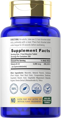 Carlyle B12 Vitamina 5000 mcg Sublingual | 250 Tabletas de Disolución Rápida | Alta Potencia | Sabor Natural a Baya | Vegetariano, No OGM y Sin Gluten - imagen 2