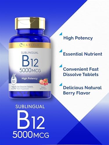 Carlyle B12 Vitamina 5000 mcg Sublingual | 250 Tabletas de Disolución Rápida | Alta Potencia | Sabor Natural a Baya | Vegetariano, No OGM y Sin Gluten - imagen 4