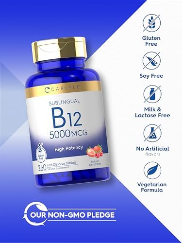 Carlyle B12 Vitamina 5000 mcg Sublingual | 250 Tabletas de Disolución Rápida | Alta Potencia | Sabor Natural a Baya | Vegetariano, No OGM y Sin Gluten - imagen 5
