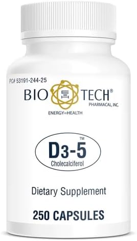 Suplemento Natural Bio-Tech Pharmacal D3-5 (5000 UI) – 250 Cápsulas – Apoya la Salud Ósea e Inmunológica – Sin Lácteos, Pescado, Gluten, Cacahuate, - imagen 1