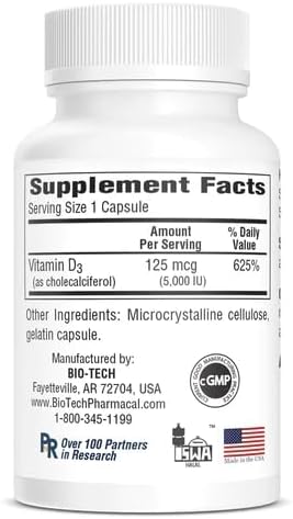Suplemento Natural Bio-Tech Pharmacal D3-5 (5000 UI) – 250 Cápsulas – Apoya la Salud Ósea e Inmunológica – Sin Lácteos, Pescado, Gluten, Cacahuate, - imagen 2
