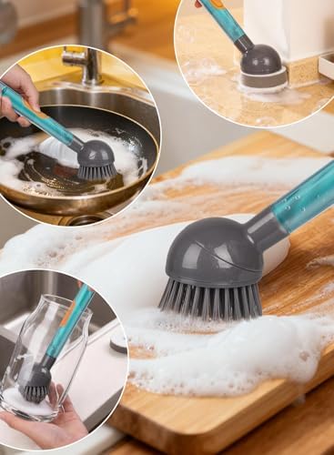 Cepillo de Cocina CuLiDing con Mango y Dispensador de Jabón, Cabezal Rotatorio 360°, Set de Limpieza de 5 Piezas (2 Cabezas y 3 Esponjas), Estropajo - imagen 3