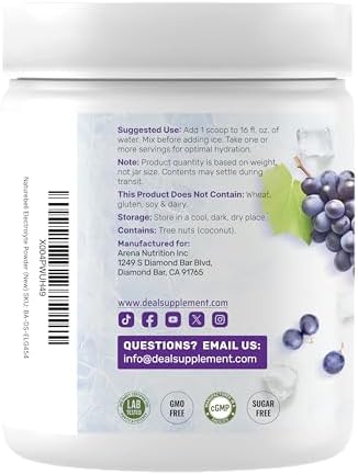 Polvo de Electrolitos, 1lb (69 Porciones) – Sin Azúcar, Bajo en Sodio, Sabor Uva Helada – Mezcla para Bebida de Hidratación Rápida – Alto en Potasio - imagen 7