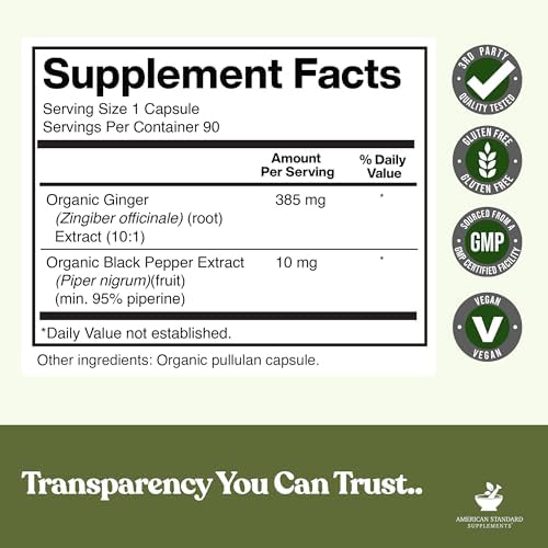 Extracto Orgánico de Jengibre con Extracto de Pimienta Negra de American Standard Supplements, Vegano, Sin Gluten, No Transgénico, 90 Cápsulas - imagen 2